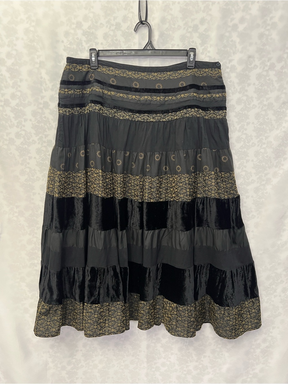 Black Tiered Maxi Skirt with Gold Lace Trim